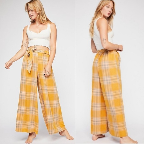 Free People Good Or Plaid Wide Leg Pants in Mustard Size Small - Picture 1 of 14